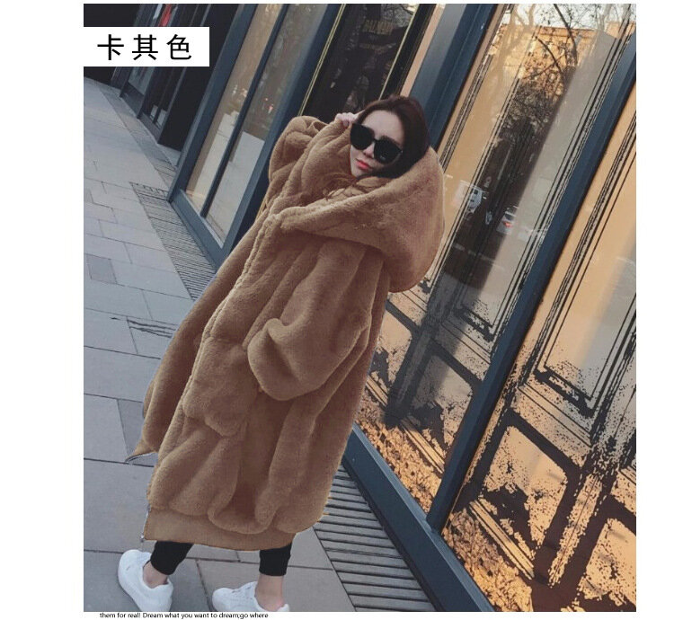 Abrigo holgado de piel sintética para mujer, Chaqueta larga y cálida con capucha, ropa de invierno