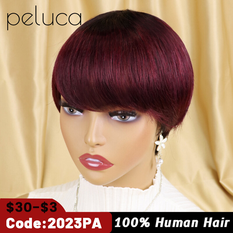 Короткие прямые человеческие парики с челкой, бразильские натуральные волосы, парик с вырезом фея, дешевый парик из человеческих волос для черных женщин, цвет Бургунди, Омбре
