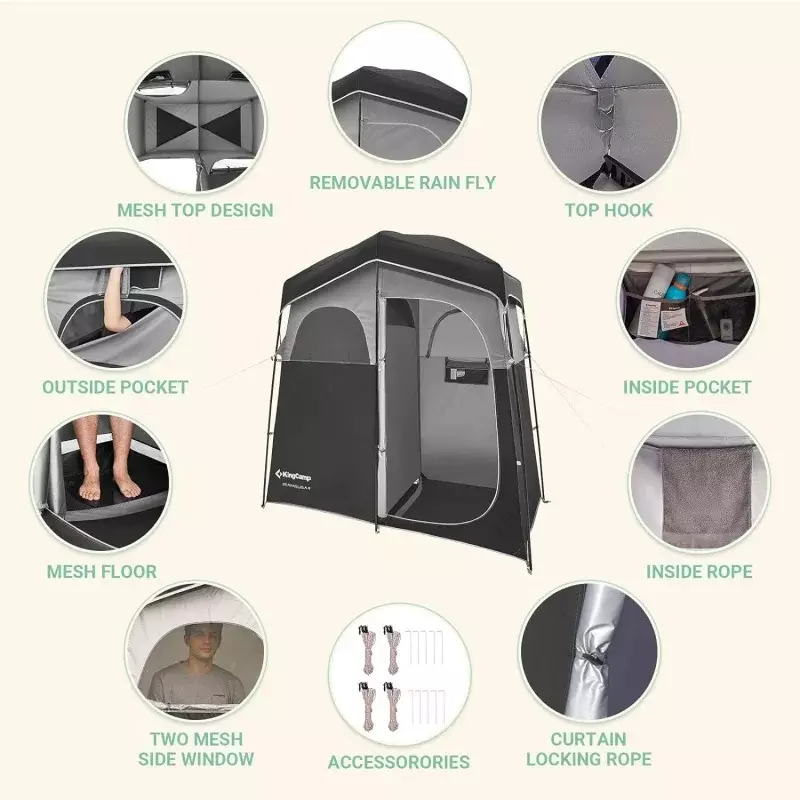Tenda da doccia portatile Kingcamp per il campeggio, borsa da doccia solare da 5 galloni, kit tenda per la privacy della doccia oversize, tenda per il cambio all'aperto D