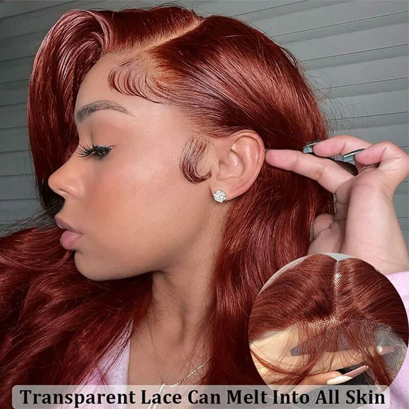 Lace frontal peruca transparente, marrom avermelhado, onda do corpo, cabelo humano, 4x4 encerramento, glueless, 13x4, 13x6