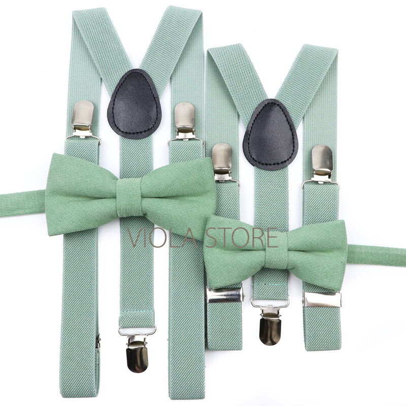 Sage Maple Solid 2.5cm Elastic Suspenders Soft Cotton Corduroy Bowtie Set Men Kids Brace Adjustable Wedding Party Accessory Gift