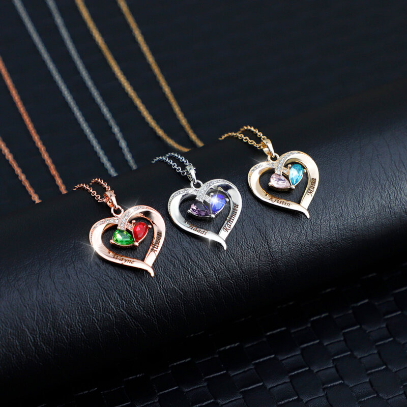 Ожерелье с подвеской в виде сердца с именами на заказ, ожерелье с камнем по месяцу рождения на заказ, ожерелье на день матери, ювелирный подарок