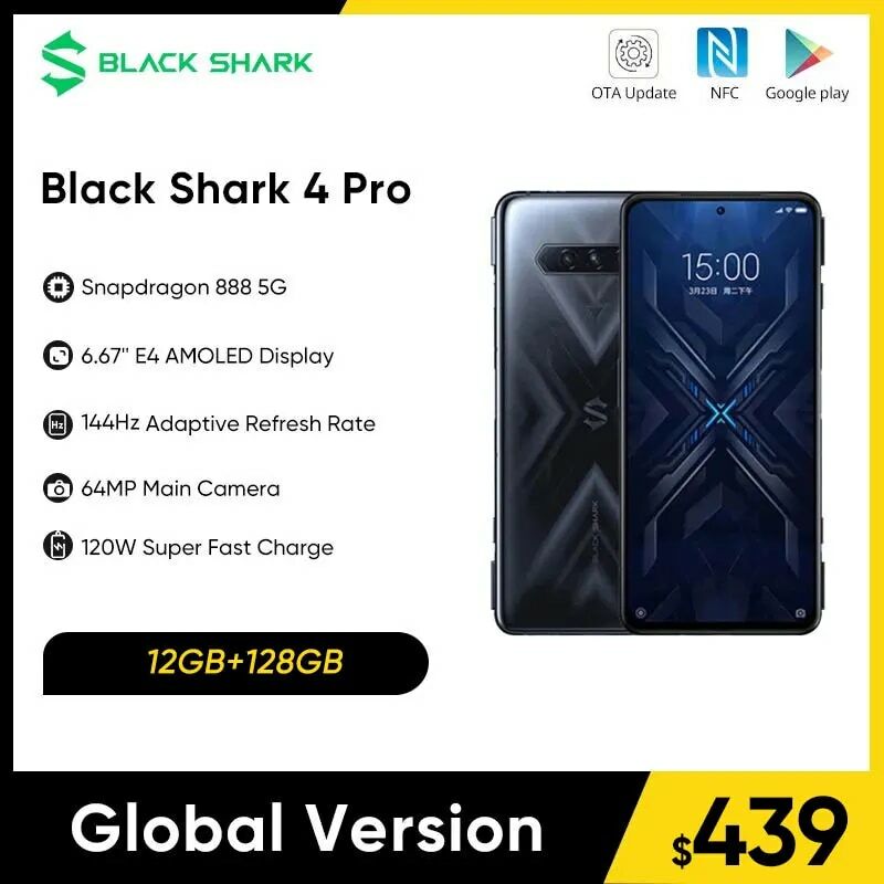 Black Shark 4 Pro 글로벌 버전 게임용 휴대폰, 6.67 인치 스냅드래곤 888 셀룰러 120W 충전, 마그네틱 팝업 트리거, 144Hz, 5G, 신제품