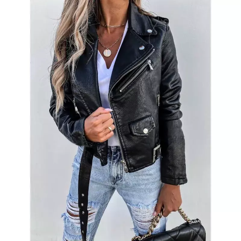 بولي Leather سترة جلدية قاطرة للنساء ، طويلة الأكمام ، معطف دراجة نارية ، سستة قصيرة ، الاتجاه الأعلى ، الخريف ، الشتاء ، الخريف