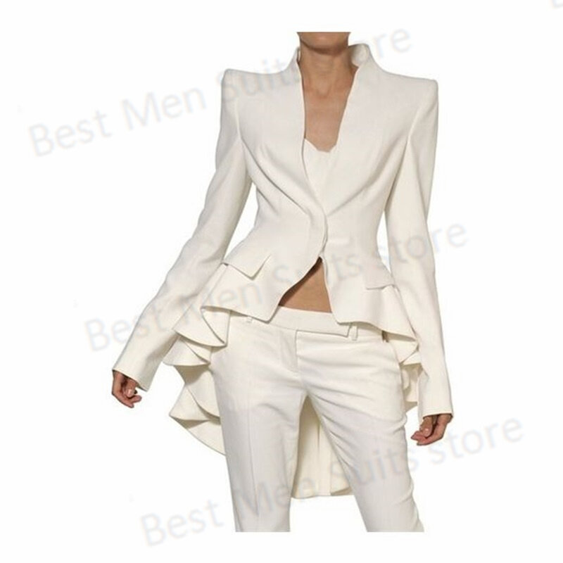 White Hi-Lo Mulheres Ternos Set Para Casamento Ruffles Hem Jacket + Straight Pants 2 Pcs Blazer Formal Tuxedo Prom Dress Custom Made