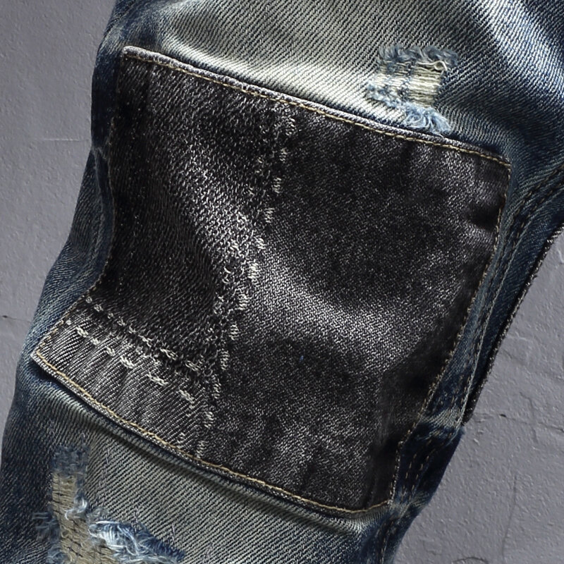Pantalones vaqueros rasgados elásticos para hombre, Jeans Retro, azul oscuro, ajustados, empalmados, diseño parcheado, Hip Hop