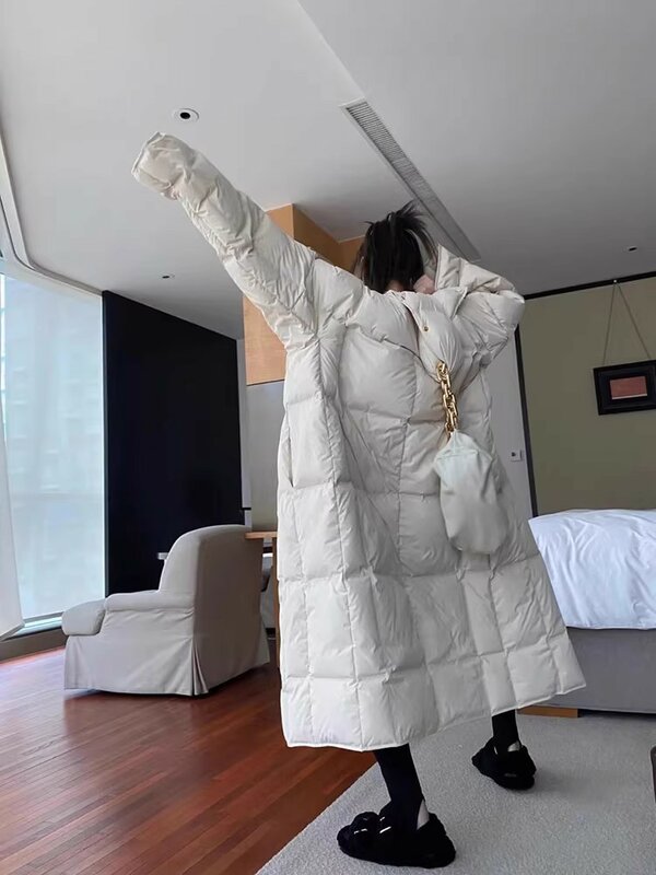 여성용 오버니 롱 다운 재킷, 중간 길이 화이트 덕다운, 두꺼운 겨울