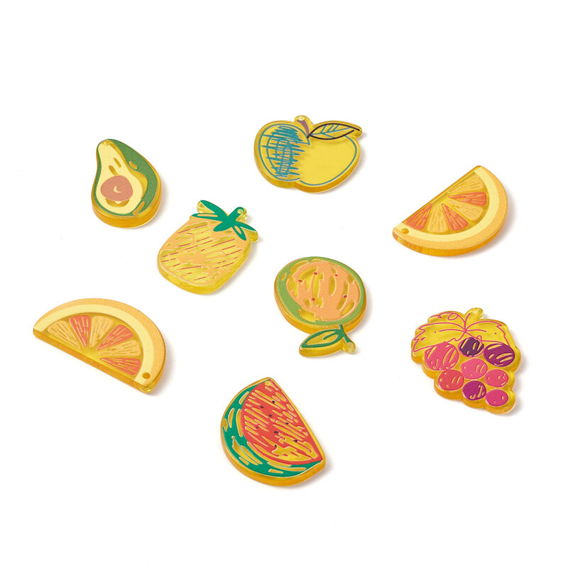 Dijes acrílicos de frutas de dibujos animados, 28 piezas, colgantes de naranjas, manzana, sandía, uva, Pendientes colgantes para pulsera, hallazgos para hacer joyas