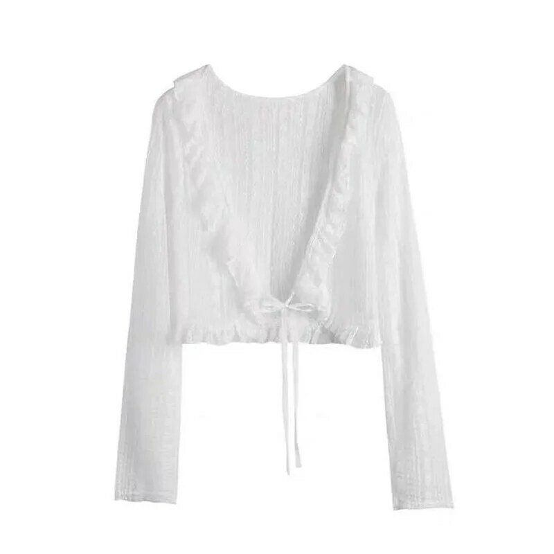 Lace Ruffle Shirt  Y2Y Korean Summer Cardigan Sunscreen Women Casual Fashion Long Sleeves Short Shirts Sun Protection Clothing