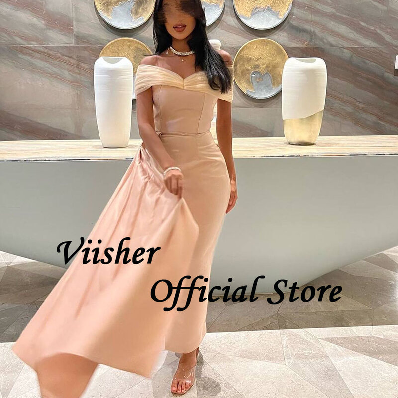 Viisher Saudi Arabia Mermaid Evening Dress Off Shoulder Pleats Satin Tight Formal Prom Dress with Slit Long Evening Party Gowns