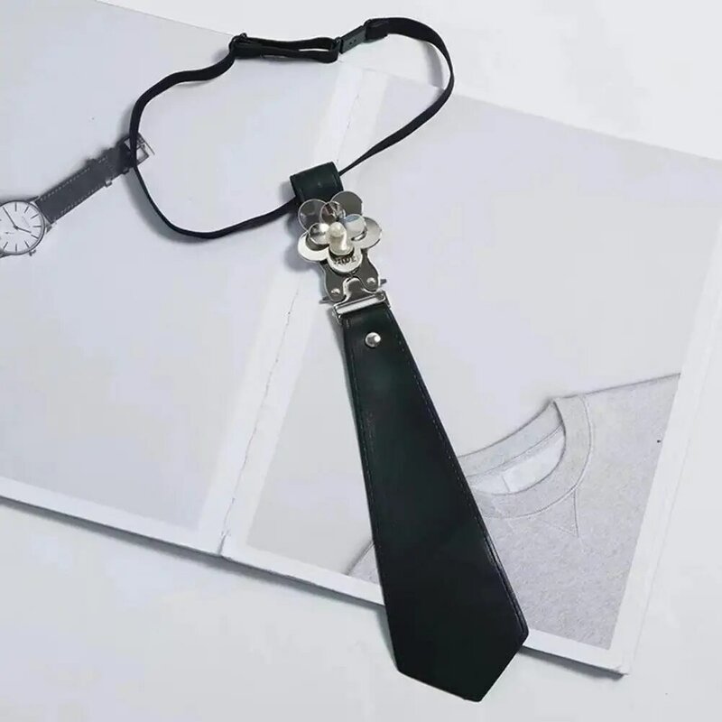 Women Men Shirt Necktie Faux Pearl Flower Design Buckle Adjustable Leather Necktie Buckle Tie Fashion Japanese Style Neck Tie