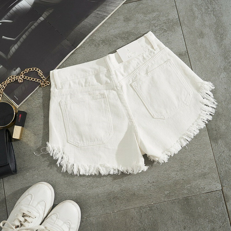 Pantalones cortos de mezclilla blancos para mujer, con agujeros minivaqueros rasgados, Sexy, ropa de calle con borlas, cintura alta, novedad de verano