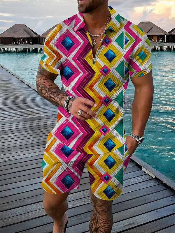 ฤดูร้อนแฟชั่นเซ็ตชุดวอร์ม2ชิ้นสำหรับผู้ชาย, ชุดวอร์มไซส์ใหญ่พิเศษเสื้อโปโลมีซิป + กางเกงขาสั้นผ้าปะพิมพ์ลาย3D