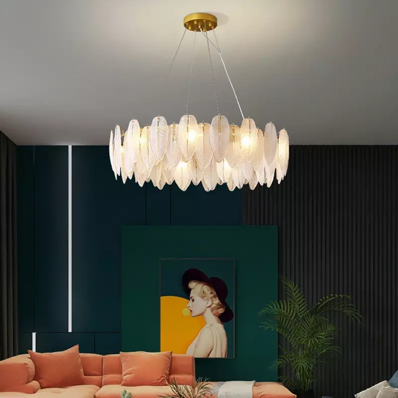 Современные стеклянные люстры с искусственными перьями, потолочные светильники для гостиной, столовой, подвесные лампы для домашнего декора, блестящие светильники