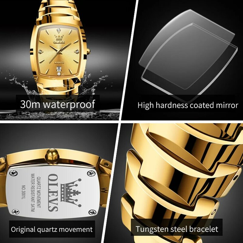 OLEVS 럭셔리 골드 오리지널 손목시계, 방수 텅스텐 스틸 날짜, 그와 그녀의 시계 세트, 기념일 선물