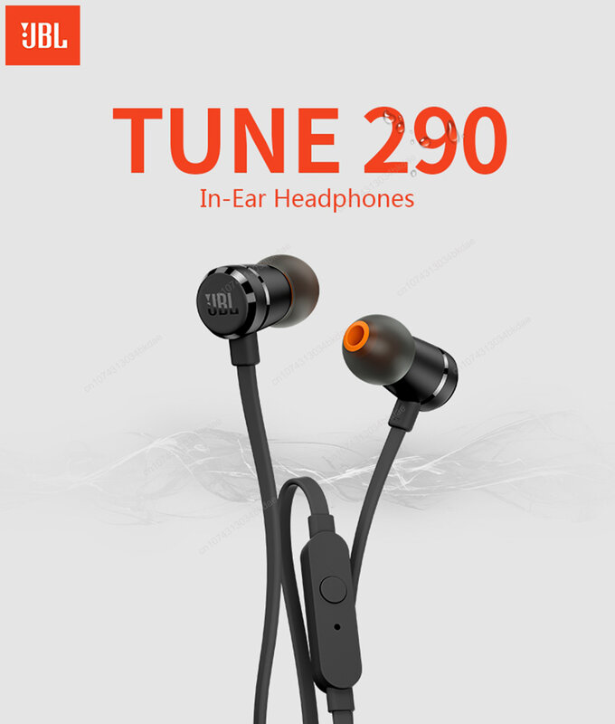 JBL TUNE 290 fone de ouvido estéreo com fio Sport Earbuds, Pure Bass Headset T290, controle remoto com 1 botão, chamada com mãos livres, microfone para smartphones