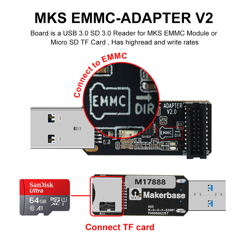Makerbase MKS EMMC-ADAPTER V2 USB 3.0 Pembaca, untuk modul MKS EMMC kartu SD mikro kartu TF MKS Pi MKS SKIPR