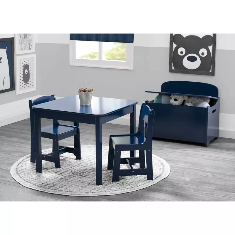 어린이 나무 테이블 및 의자 세트 (의자 2 개 포함)-예술 및 공예, 간식 시간, 홈스쿨링, 딥 블루