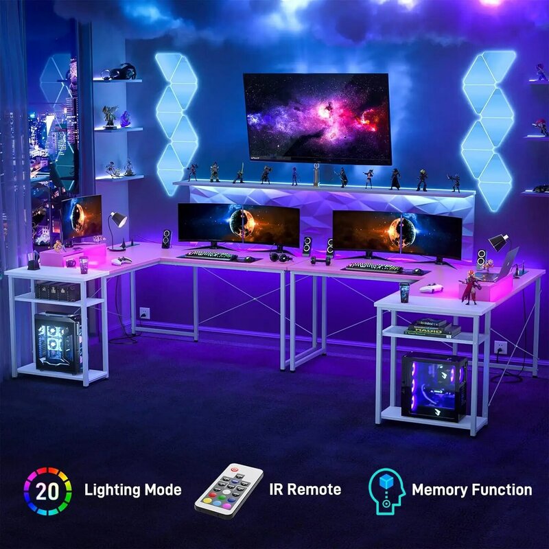 Escritorio en forma de L con tomas de corriente y puertos USB, escritorio Reversible para computadora de juegos en forma de L con luz LED, 83,5 ''grande para 2 personas D