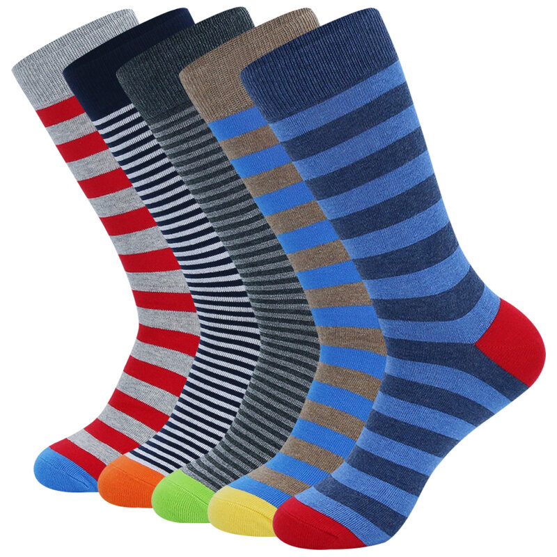 Calcetines de vestir divertidos para hombre, calcetines de algodón peinado a rayas coloridas, calcetines casuales transpirables, paquete de 5 pares
