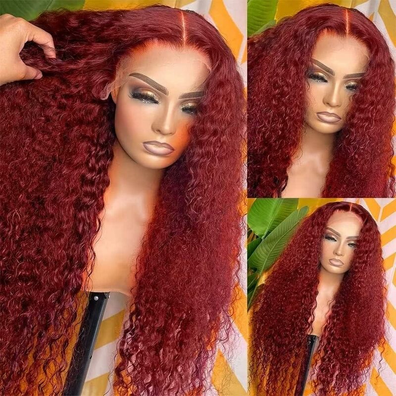 Peluca de cabello humano rizado de 13x6, 13x4, HD, malla Frontal, color burdeos, rojo, 99J