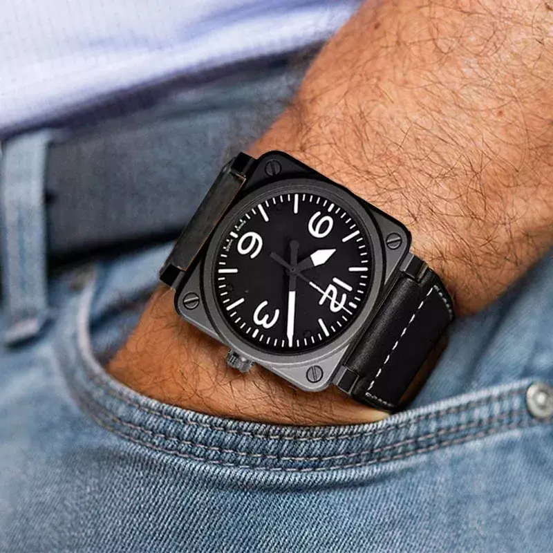 Men Watches BR03-92 Leather Quartz Watch Fashion Sport Mens Large Dial Wristwatch Reloj Hombre Clock Male Relogio Masculino