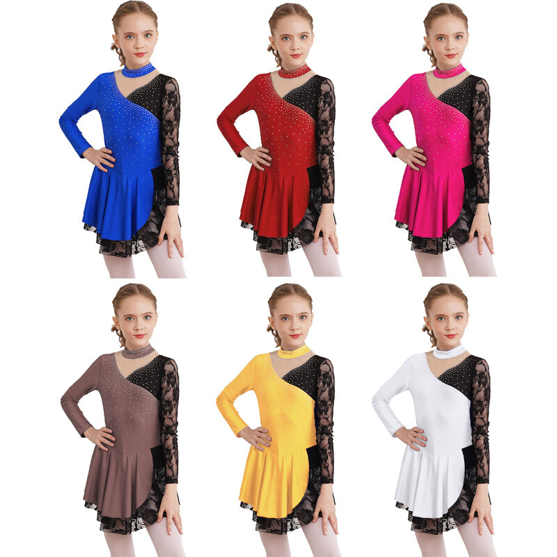 2023 dzieci dziewczynki z długim rękawem taniec baletowy gimnastyka sukienki kostium błyszczące cyrkonie kwiecista koronka patchworkowe sukienka na występy
