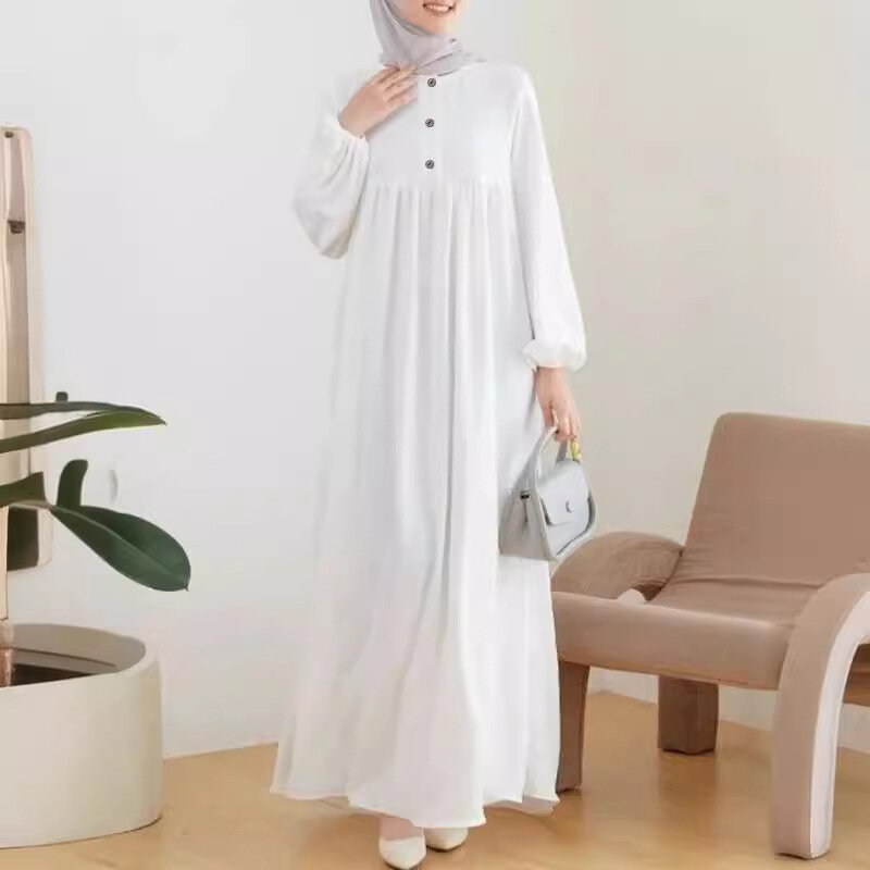 Casual Gepofte Mouw Eenvoudige Abaya 'S Voor Vrouwen Solide Moslim Jurken Feest Mode Maxi Jurk Kalkoen Dubai Abaya Elegante Vestidos