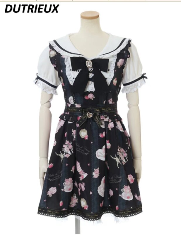 Vestido japonês de manga curta feminino com gola de vela, vestido Midi de flores com bolo de morango, novo, primavera, verão, 2024