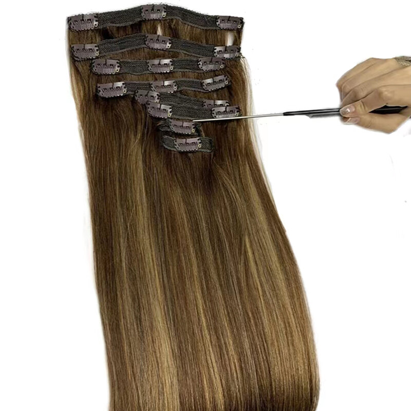 Extensions de cheveux brésiliens naturels Remy lisses à clips, 8 pièces/ensemble, #4/27, balayage de couleur, 8-26 pouces, 120G