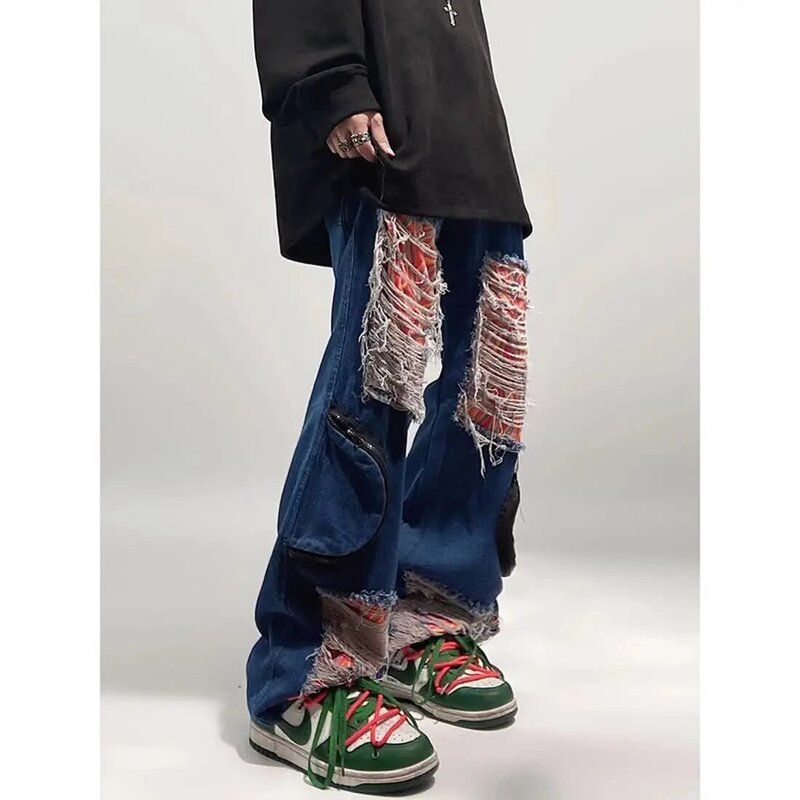 Vintage amerykański główna ulica hip hop w luźnym rozmiarze plus-zgrane dżinsy z łatkami gotyckie proste spodnie z mopem hipster hipster y2k