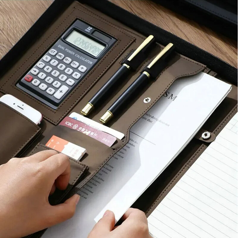A4 konferensi Padfolio Folder portofolio kulit Folder File kontrak untuk dokumen pria eksekutif tas ritsleting kalkulator