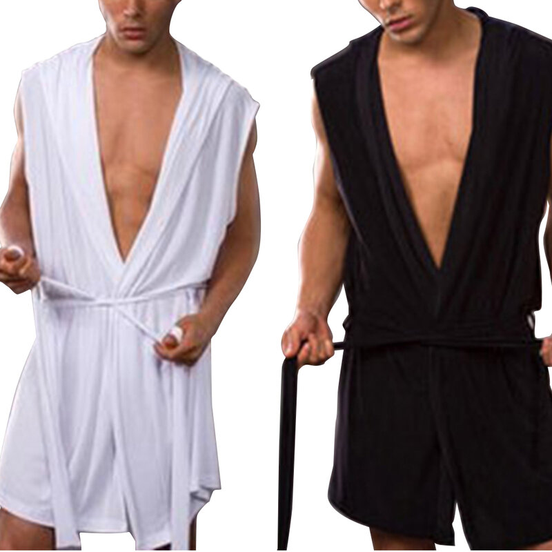 Мужской летний халат шелковый банный халат без рукавов с капюшоном пижамы