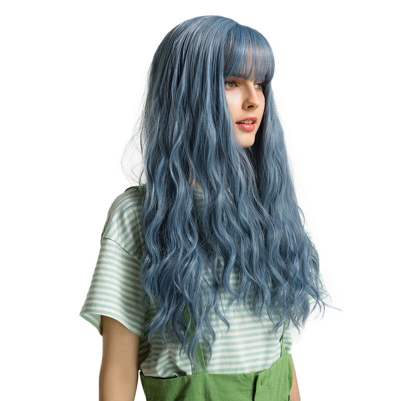 Wig rambut panjang pesta mode wanita, ikat kepala penuh sintetis bergelombang biru, gaya modis dalam satu langkah