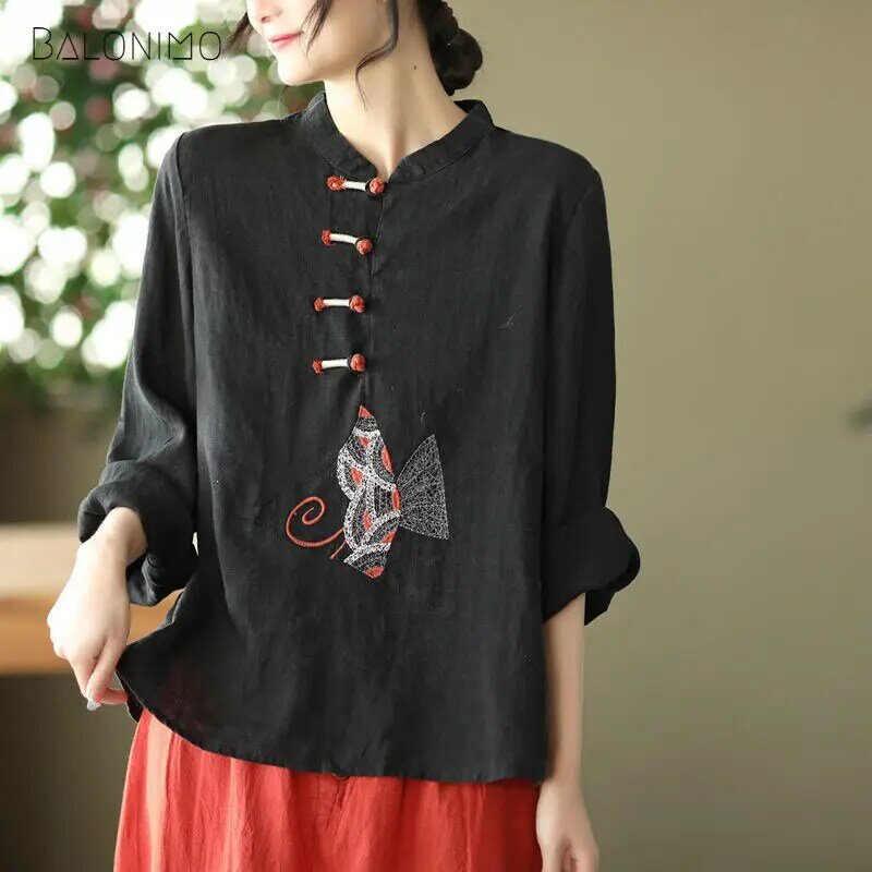 Camisa de algodão bordada vintage feminina, mangas compridas, tops casuais, estilo chinês, botão Cheongsam, blusas de chá zen, femininas