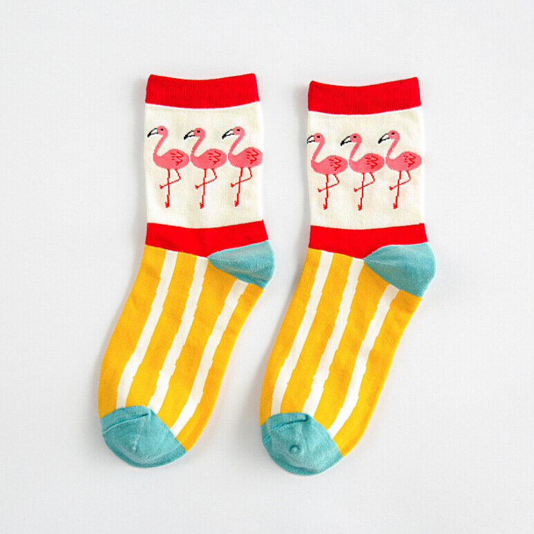 Meias coloridas do flamingo do tornozelo do algodão para mulheres, meias engraçadas fêmeas, meias felizes de Harajuku, novas
