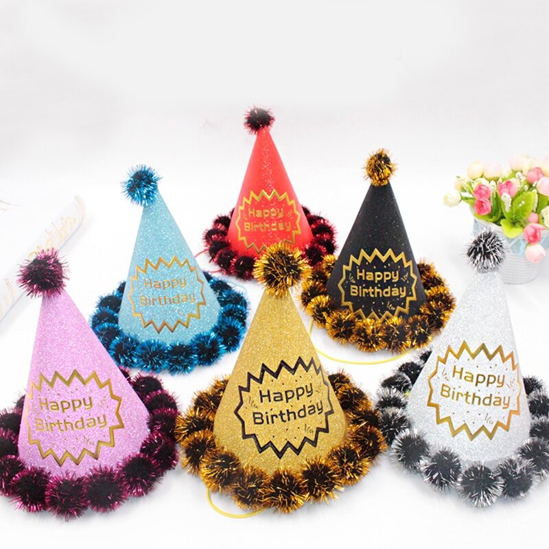 Y1UB – chapeaux fête coniques à pompons, chapeaux fête anniversaire avec pompons magnifiques