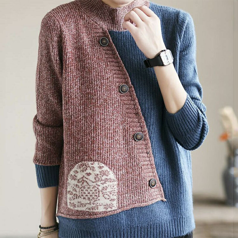 Streetwear Fashion Women Y2K Pullovers Long Sleeve Autumn Winter Button Patchwork Loose Vintage Knitted Casual Jumpers Sweaters