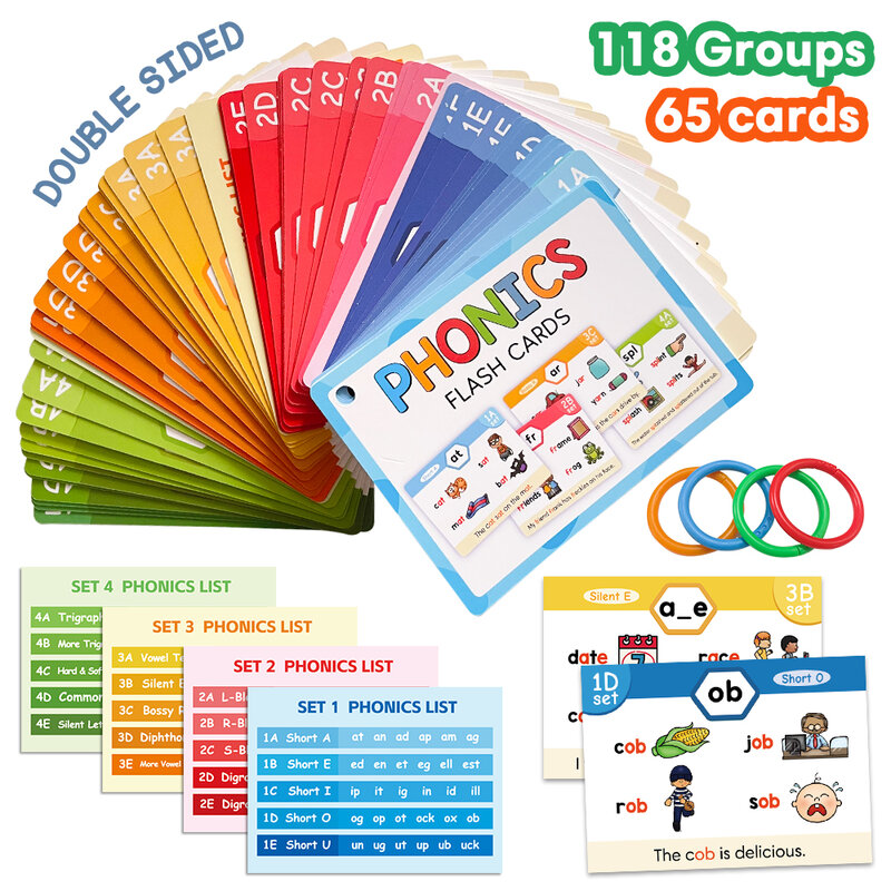 English Phonics Flashcards for Kids, Montessori Learning Game, Early Educational Toys for Children, Aid Learning, 65 Cards, 118 Grupos
