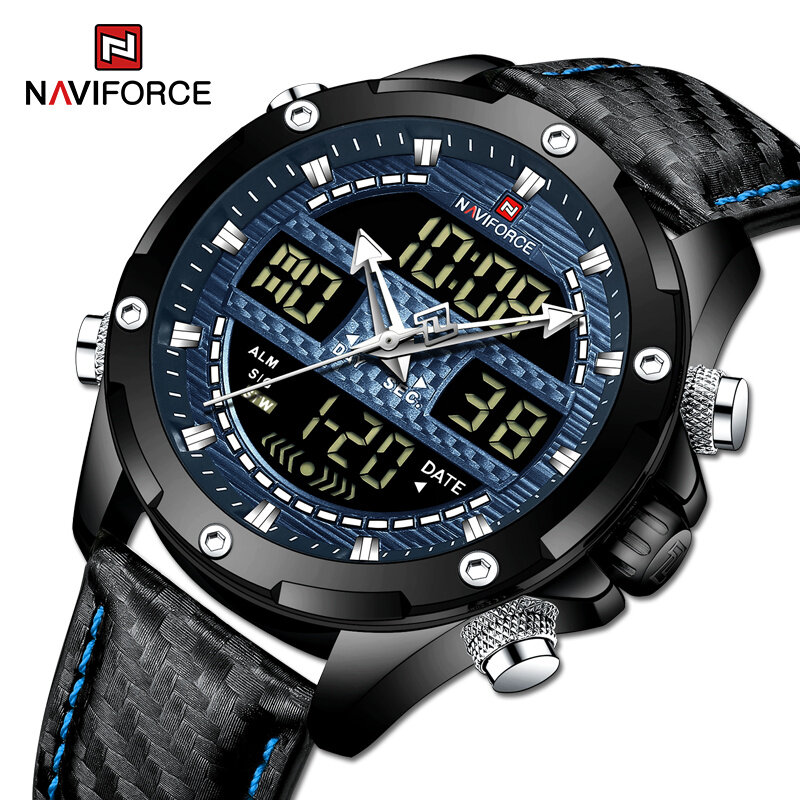 NAVIFORCE – montre-bracelet en cuir pour hommes, marque de luxe, militaire, double affichage, étanche, Sport, numérique, Original