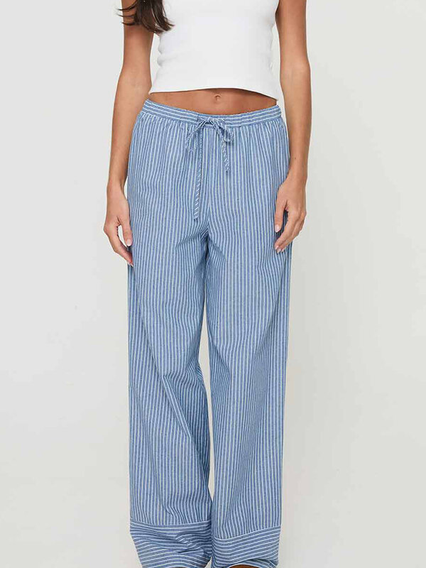 Pantalon de pyjama rayé pour femme, taille élastique, jambe large droite, coupe décontractée Fjadt, bas de sortie avec poches, vêtements de nuit