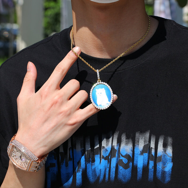 Uwin – pendentif Photo ovale personnalisé, breloque HipHop en Zircon cubique AAA, bijoux pour cadeau, chaîne de Tennis