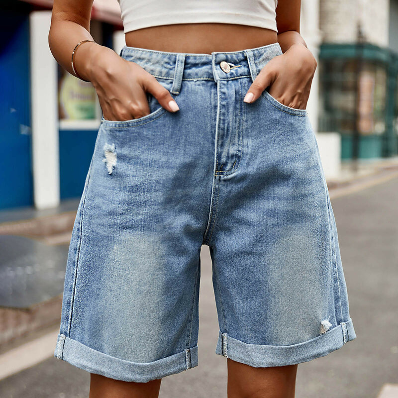 شورت جينز فضفاض غير رسمي للنساء ، خصر عالٍ ، ساق واسعة ، جينز قصير مستقيم ، ملابس الشارع ، الصيف ، مقاس كبير ، نمط Indie ،
