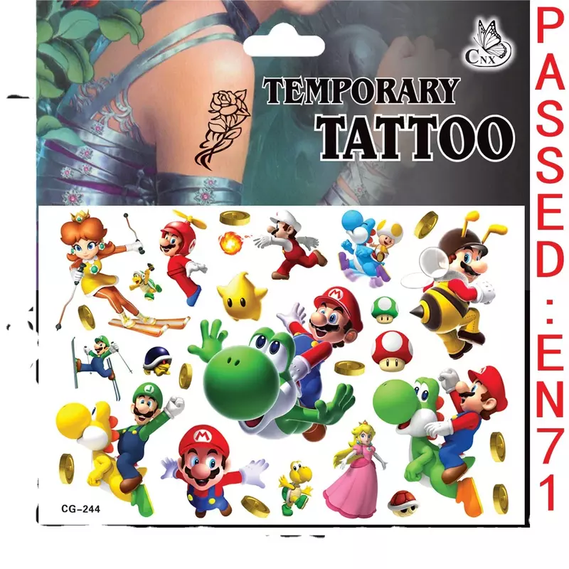 Impermeável Mario Tattoo Stickers, Anime Birthday Party Supplies, Decoração bonito para crianças, Mulheres e homens presentes