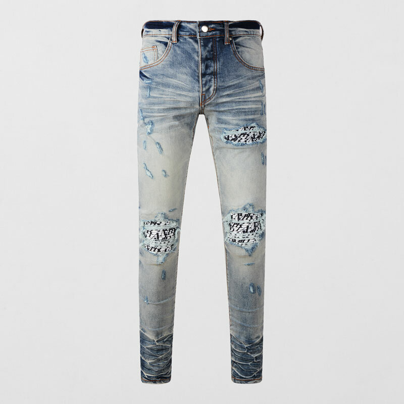 Jeans rasgado azul retro stretch skinny masculino, designer, elástico, calças de marca Hip Hop, moda de rua alta