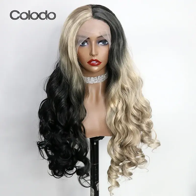 COLODO Synthetic Lace Front Wig for Women Ombre Transparent Lace Wig 30 Inch Wave Heat Resistant Drag Queen Cosplay Glueless