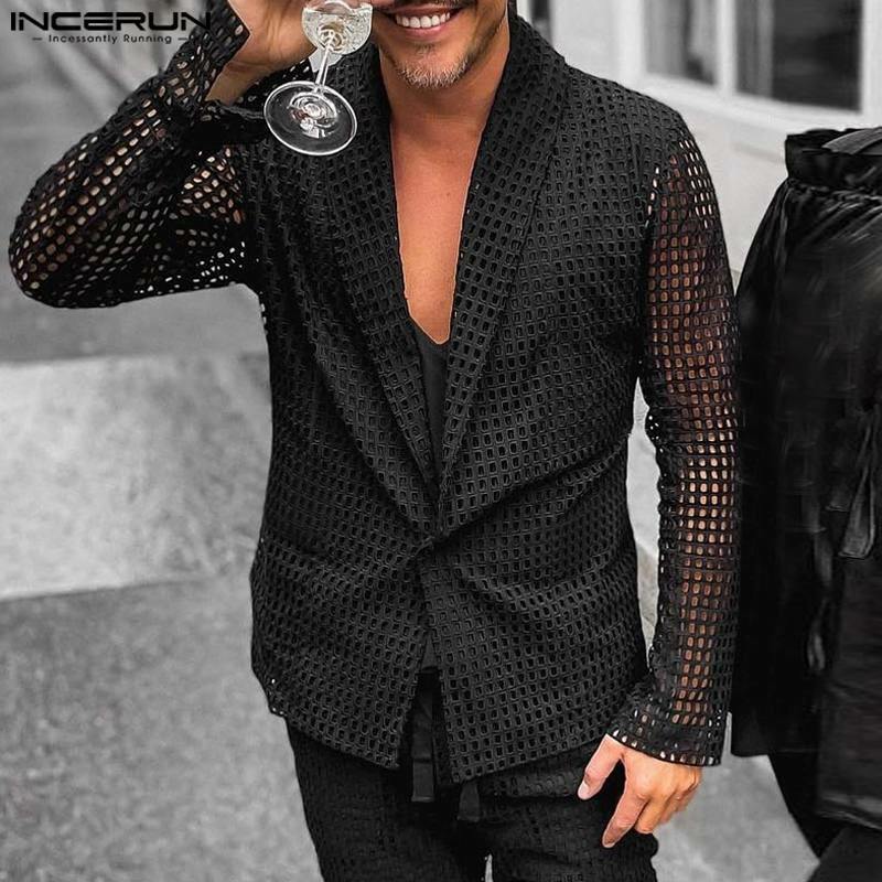 INCERUN-Blazer de um botão masculino, casacos de malha casuais, lapela de um botão, streetwear monocromático, elegante e casual, 2022