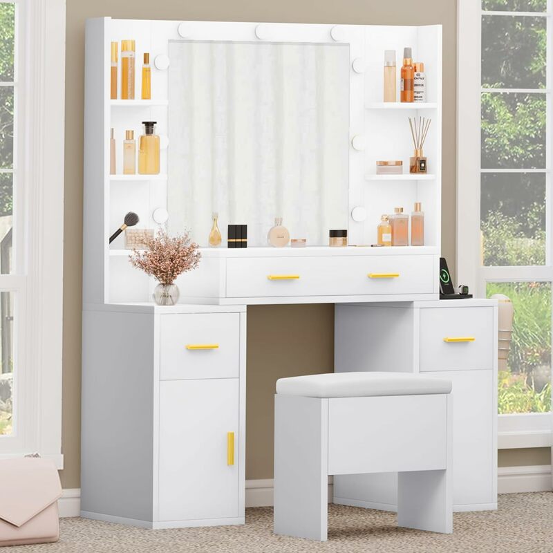 Makeup Vanity Desk with Mirror and Lights, Large Vanity Set with Charging Station, Dressing Table with Storage Bench