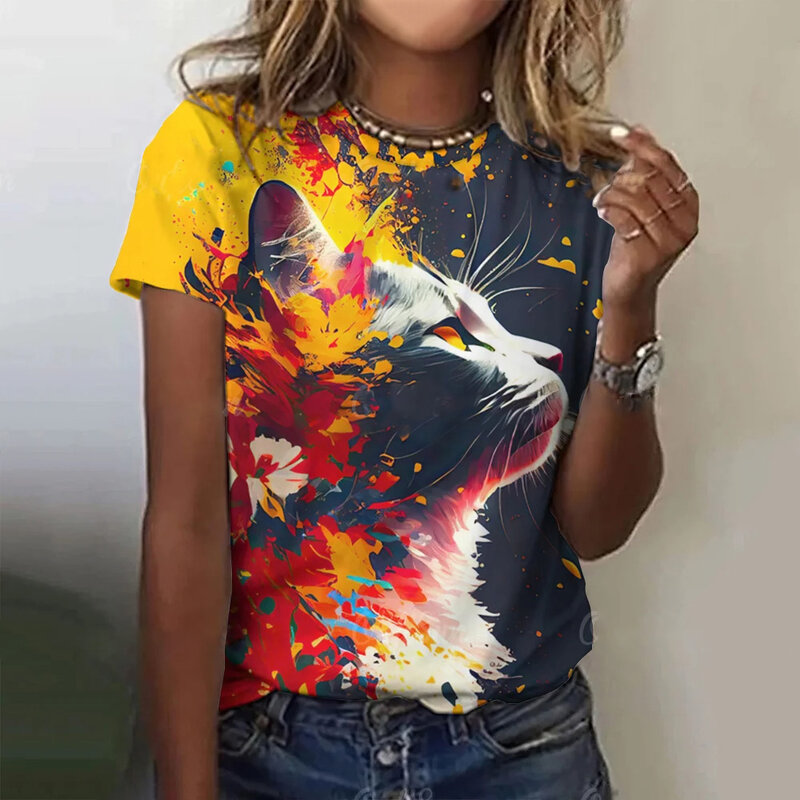 Koszulka damska z krótkim rękawem letnia bluzka z okrągłym dekoltem luźna nadrukowana moda z krótkim rękawem odzież damska elegancka koszulka