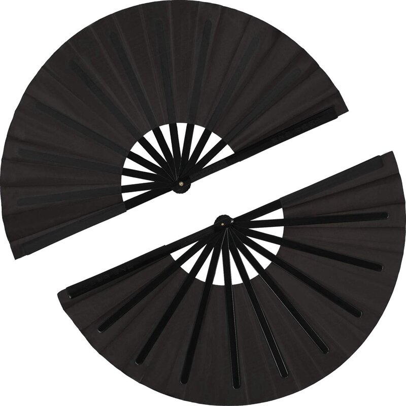 6 Pieces Large Folding Fan Nylon Cloth Handheld Folding Fan Chinese Kung Fu Tai Chi Fan Black Decoration Fold Hand Fan